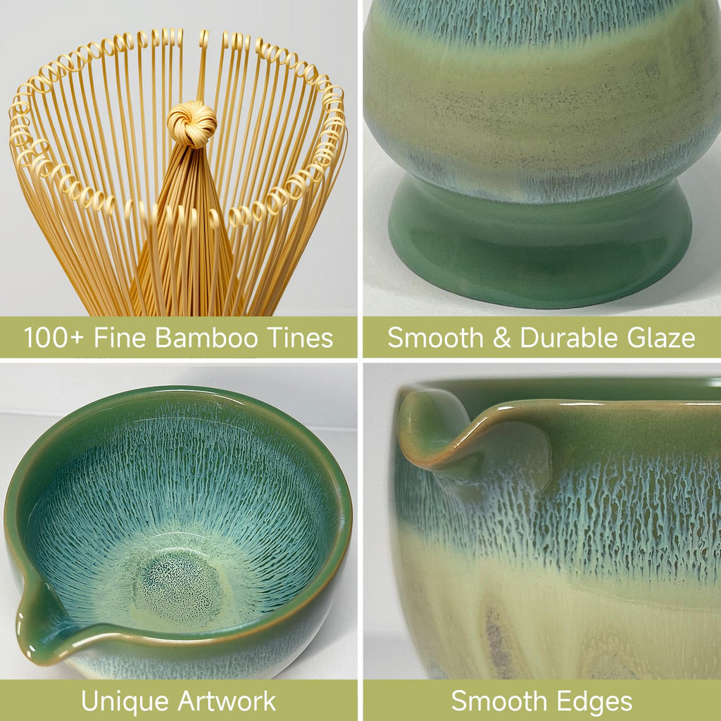 Matcha Whisk Set with Ceramic Bowl - Bamboo Whisk (Chasen), Scoop, Sifter & Holder - Complete Kit for Traditional Matcha Tea - Unique Gifts for Women, Men, Tea Lovers (Green)