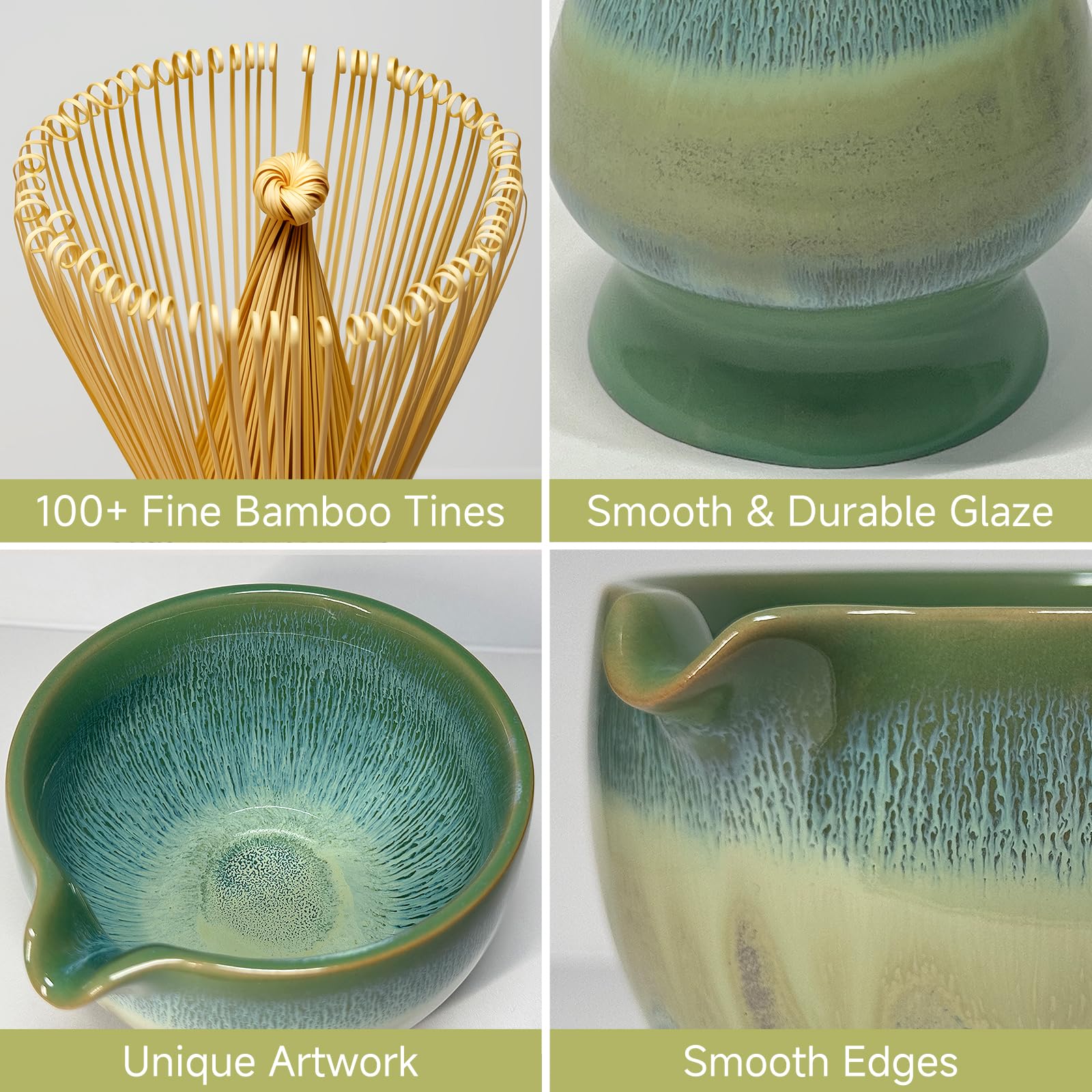 Matcha Whisk Set with Ceramic Bowl - Bamboo Whisk (Chasen), Scoop, Sifter & Holder - Complete Kit for Traditional Matcha Tea - Unique Gifts for Women, Men, Tea Lovers (Green)