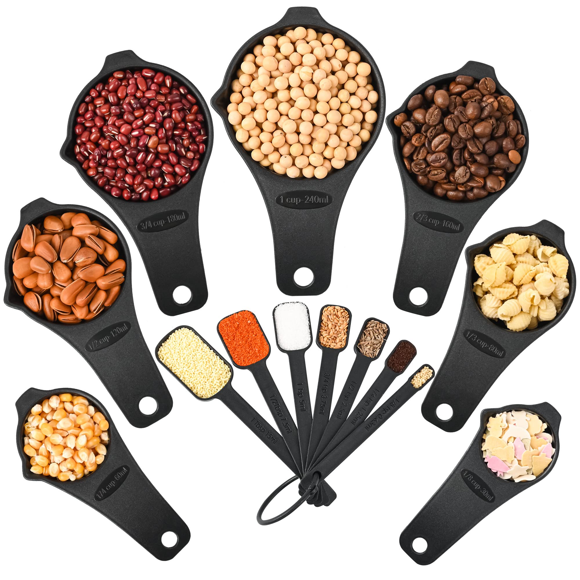 Kalsreui Measuring Cups and Spoons Set 15, 7 Plastic Measuring Cup Spoon Set, 7 Spice Long Handle Measuring Spoons with 1 Leveler for Kitchen and Baking, Dry Metric Measure Cups & Spoons Black