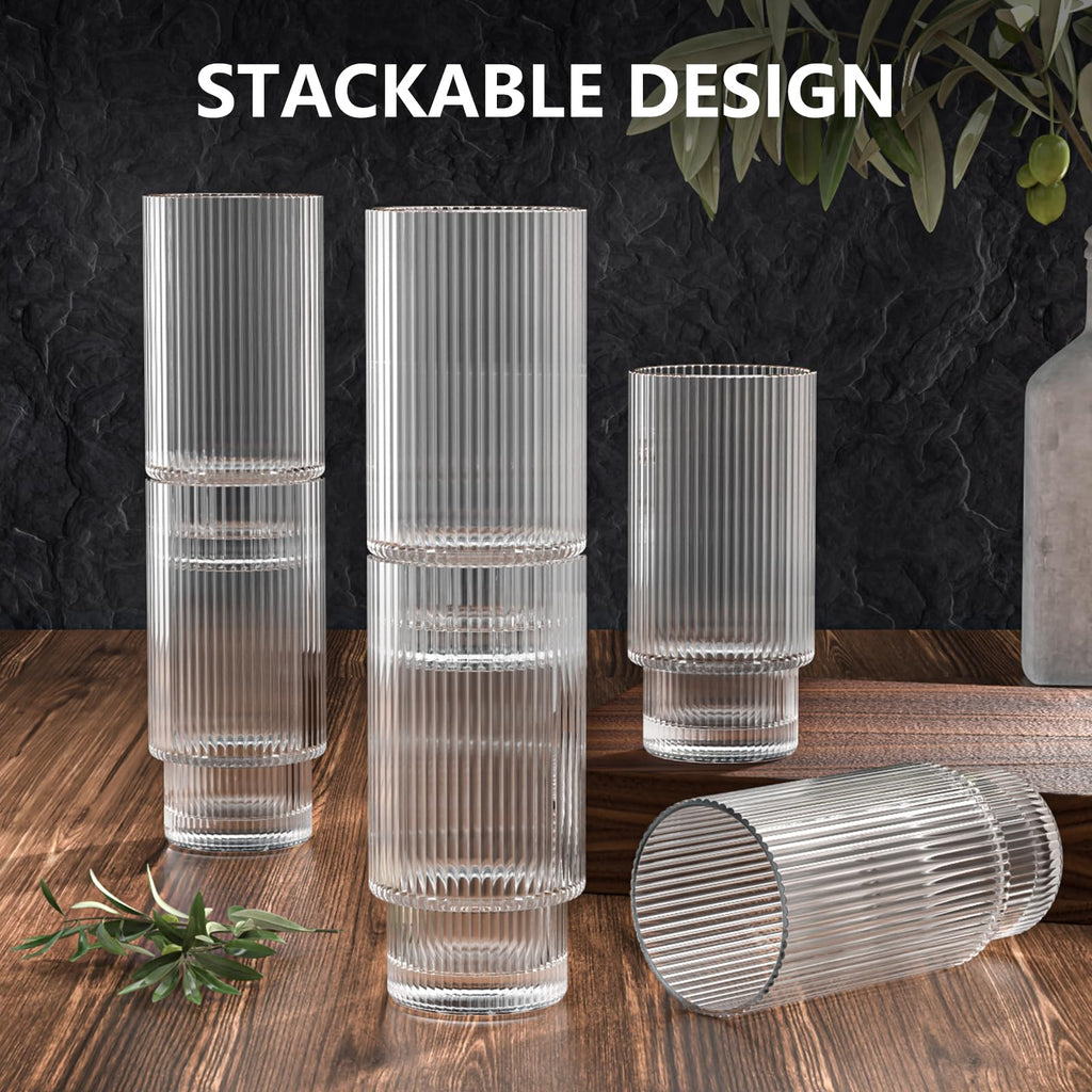 CWHHRN 16 OZ Glass Cup with Lid and Straw, Vintage Ribbed Glassware for Whiskey Cocktail Beer, Iced Coffee Cups with Lid, Glass Tumbler with Straw and Lid (1 PACK)