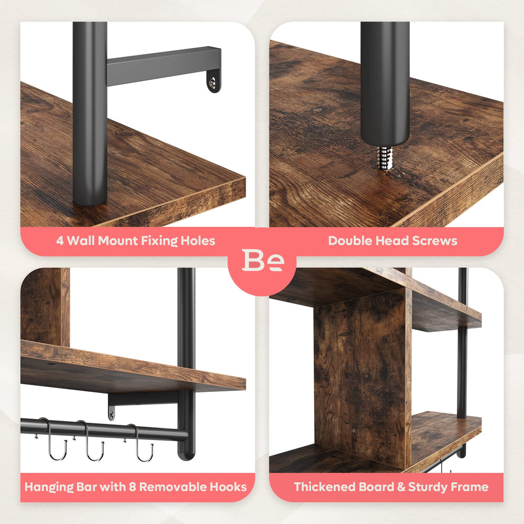 Bestier 41.5" Floating Shelves for Wall 3 Tier Kitchen Shelves Wall Mounted Coffee Bar Shelf Hanging Shelf with 8 Hooks, Industrial Display Pipe Shelving for Kitchen Living Room Bathroom, Rustic Brown