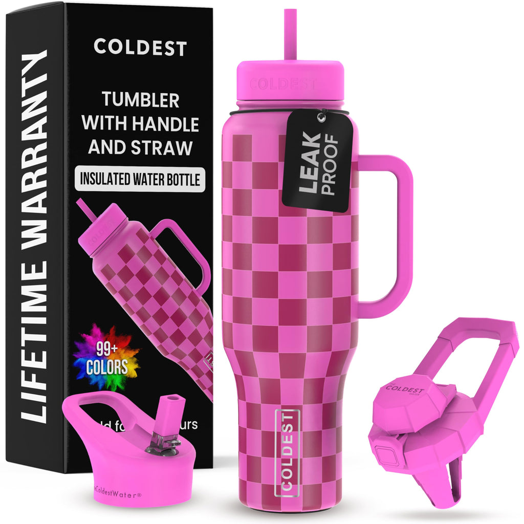 Coldest Tumbler with Handle and Straw, 100% Leak Proof Insulated Tumbler with Lid and Straw (3 Lids), Stainless Steel Tumblers for Women & Men, Cup Holder Friendly, 46 oz (Purple Checkers)
