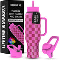 Coldest Tumbler with Handle and Straw, 100% Leak Proof Insulated Tumbler with Lid and Straw (3 Lids), Stainless Steel Tumblers for Women & Men, Cup Holder Friendly, 46 oz (Purple Checkers)