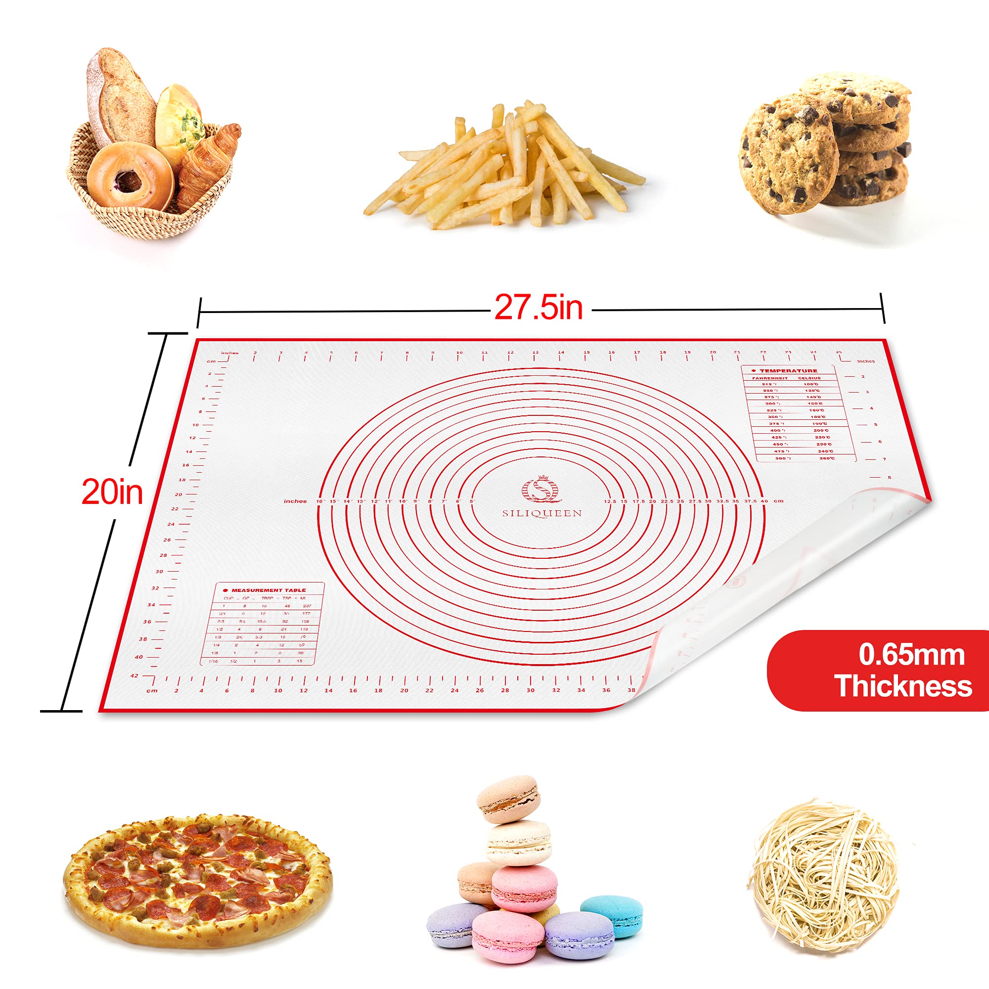 SiliQueen Silicone Pastry Baking Mat with Measurements Extra a Brush and a Dough Scraper- 27.5” x 20” Heat Resistant, BPA Free, Non-Stick Non-Slip Pastry Mat for Rolling Dough, Easy to Clean, Red