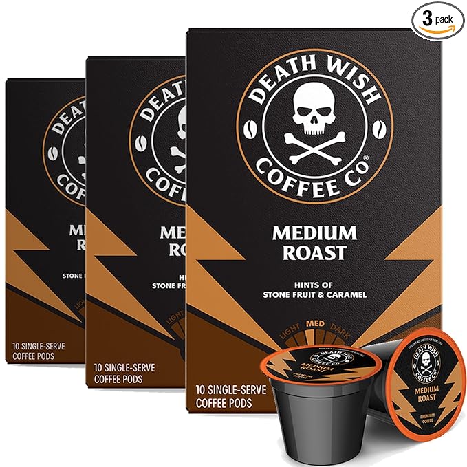 Death Wish Coffee Valhalla Java Single Serve Pods - Extra Kick of Caffeine - Medium Roast Coffee Pods - Made with USDA Certified Organic Fair Trade Arabica and Robusta Beans 10 Count (pack of 1)