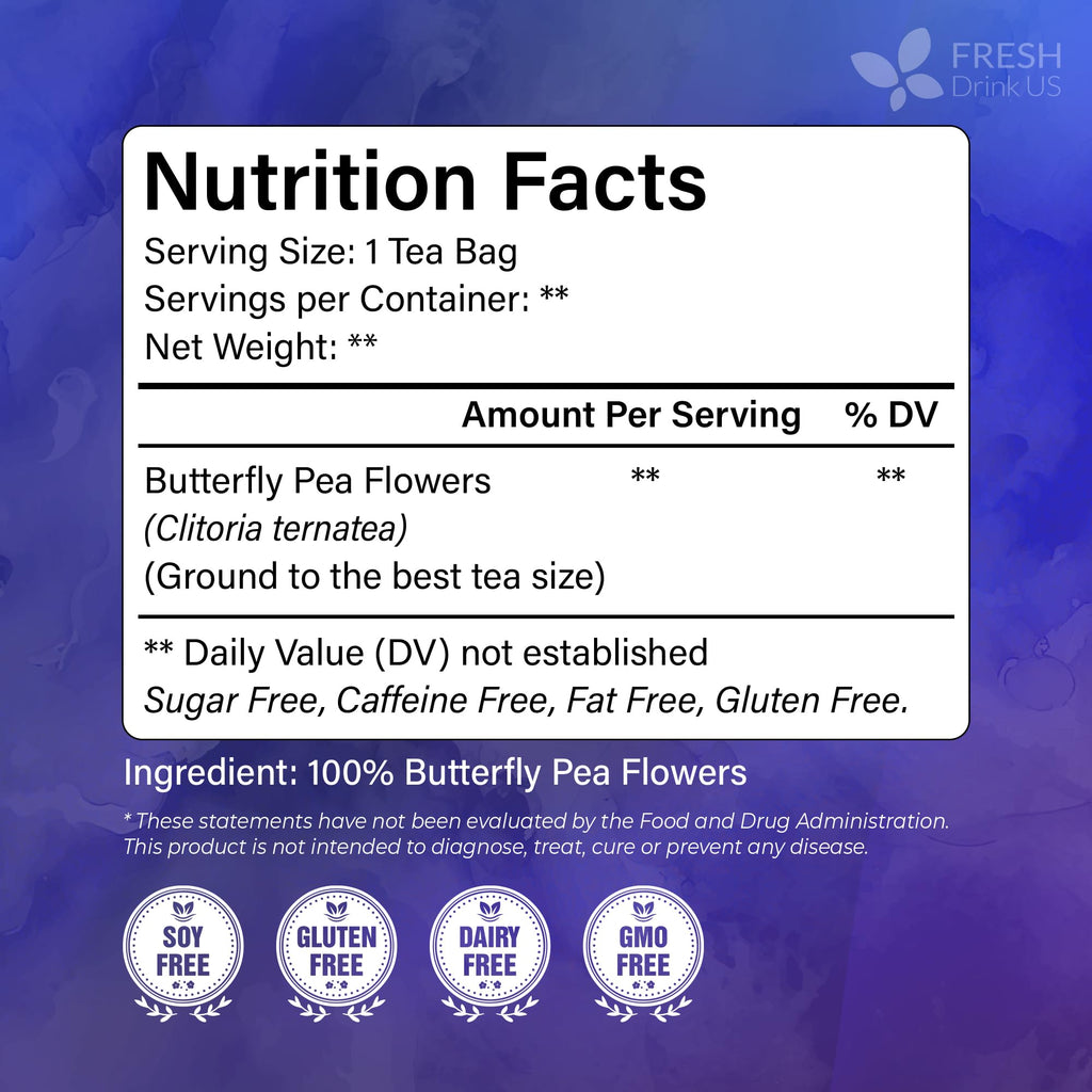 FreshDrinkUS, Premium 35 Blue Butterfly Pea Flowers Tea Bags, 100% Natural and Pure from Butterfly Pea Flowers, Made With Natural Material Tea Bag, No Sugar, No Caffeine, No Gluten, Vegan