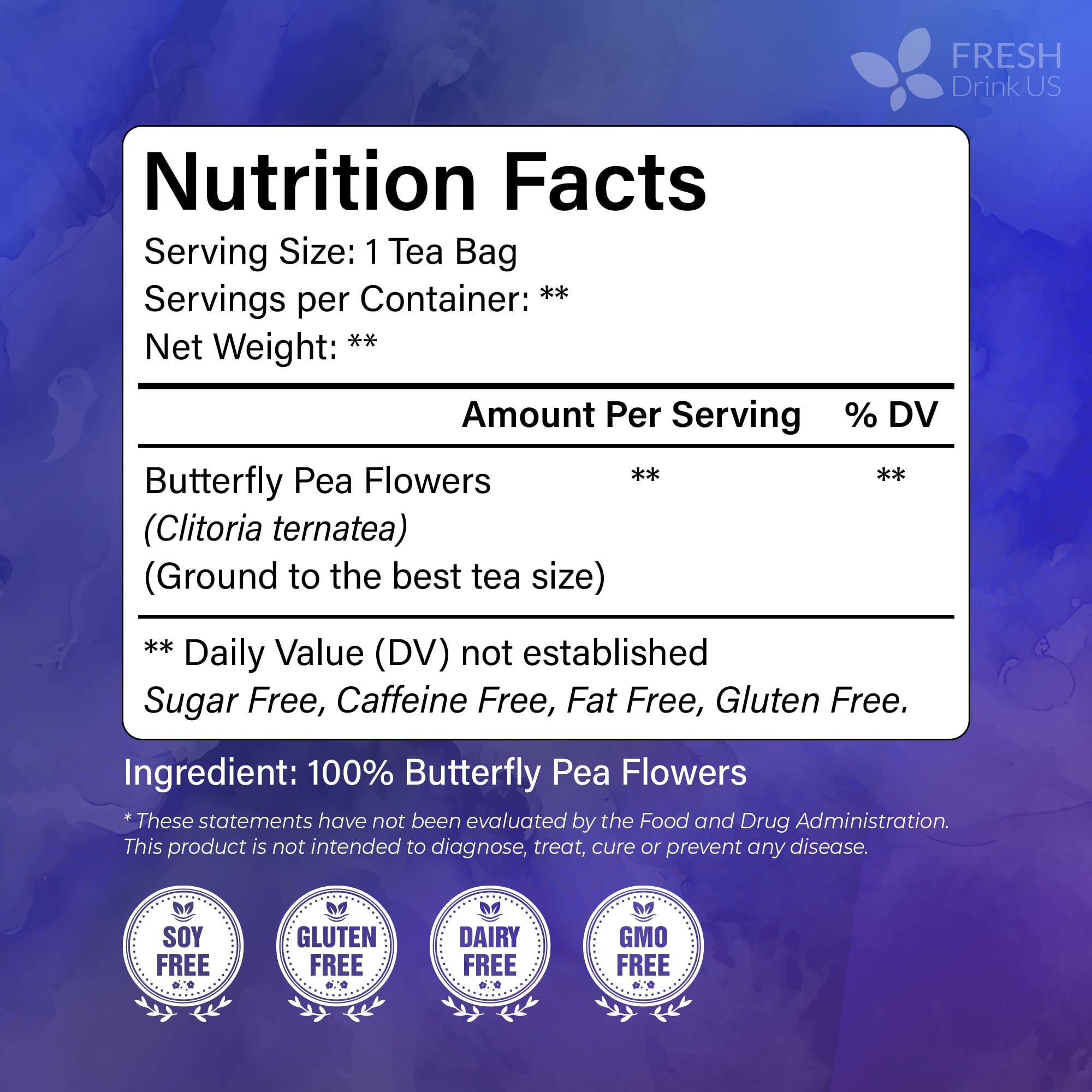 FreshDrinkUS, Premium 35 Blue Butterfly Pea Flowers Tea Bags, 100% Natural and Pure from Butterfly Pea Flowers, Made With Natural Material Tea Bag, No Sugar, No Caffeine, No Gluten, Vegan