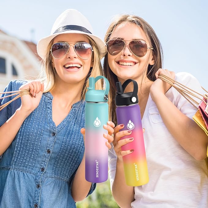 SENDESTAR Stainless Steel Wide Mouth Water Bottle 24oz Double Wall Vacuum Insulated Leak Proof Bottle with New Flex Straw Lid & Spout Lid