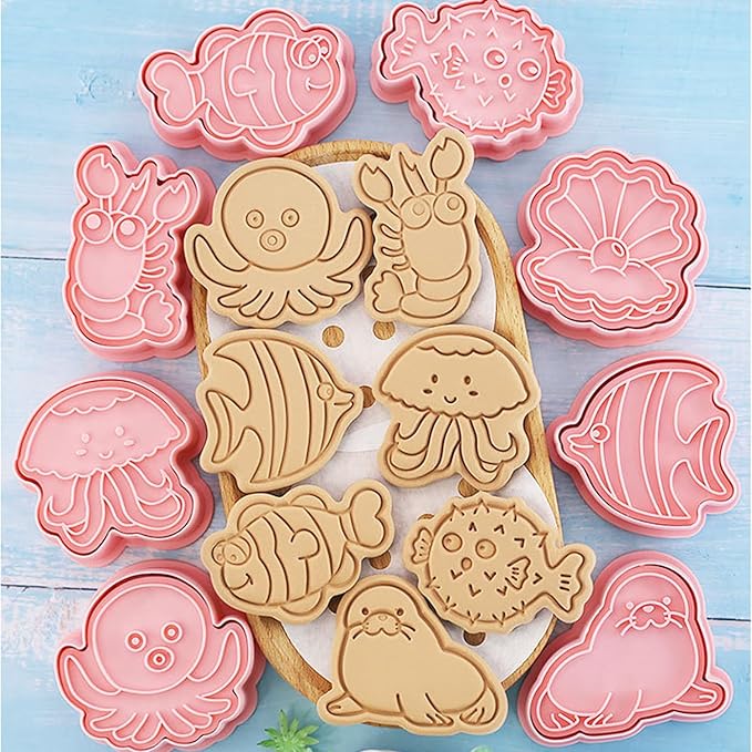 16Pcs Ocean Animal Cookie Cutters with Plunger Stamps Set, Fish, Dolphin, Starfish Plastic Biscuit Cutters, Sea Themed DIY Embossing Cutter for Biscuit Cookie Fondant Cheese Baking (F16)