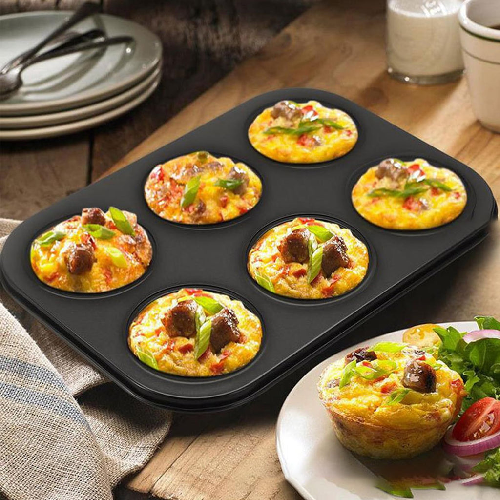 Cayanmydery 2 Packs 6-Cup Muffin Baking Pan Tin, Small Round Muffin Tin, Nonstick Cupcake Pans, Cheesecake Pans, Carbon Steel, Black