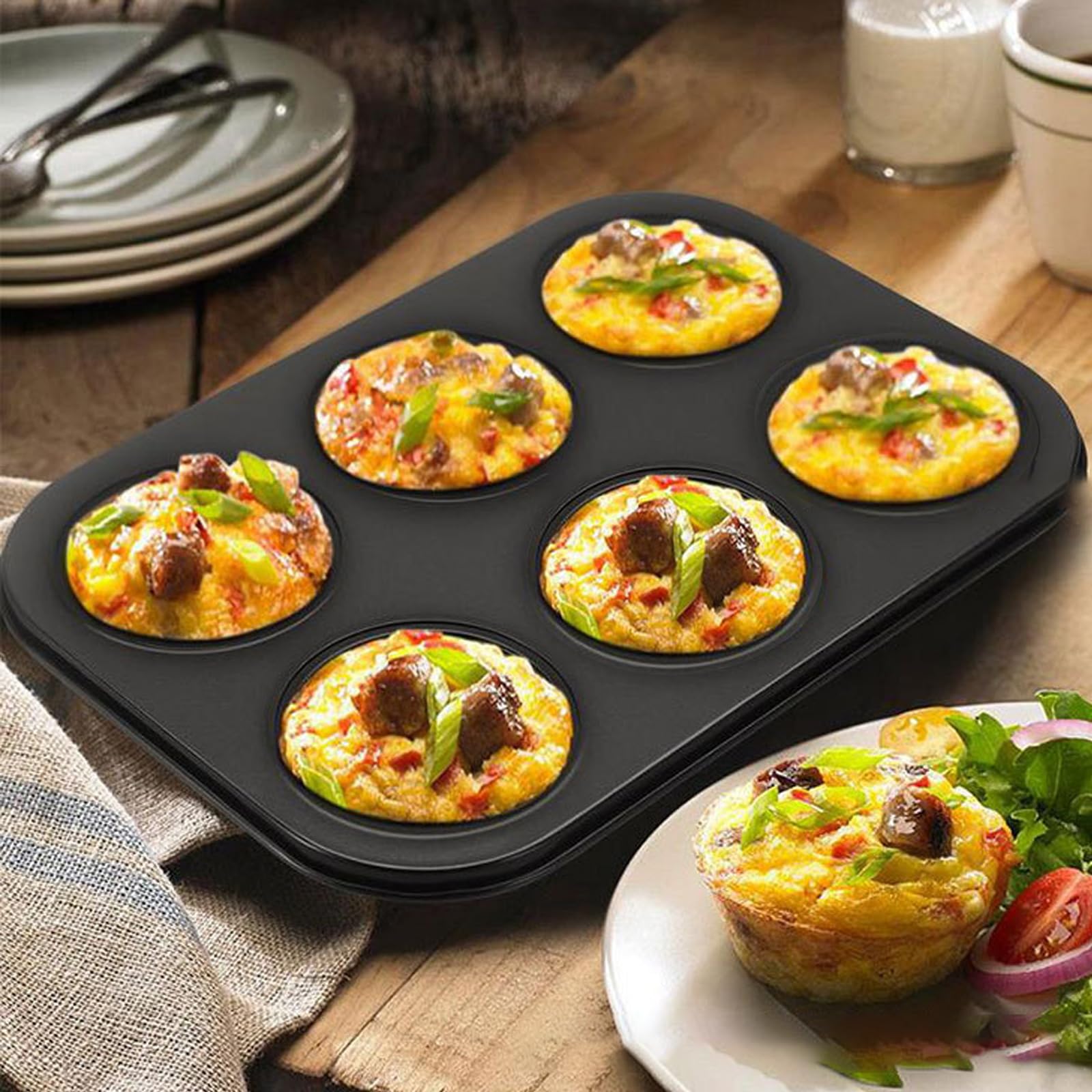 Cayanmydery 2 Packs 6-Cup Muffin Baking Pan Tin, Small Round Muffin Tin, Nonstick Cupcake Pans, Cheesecake Pans, Carbon Steel, Black