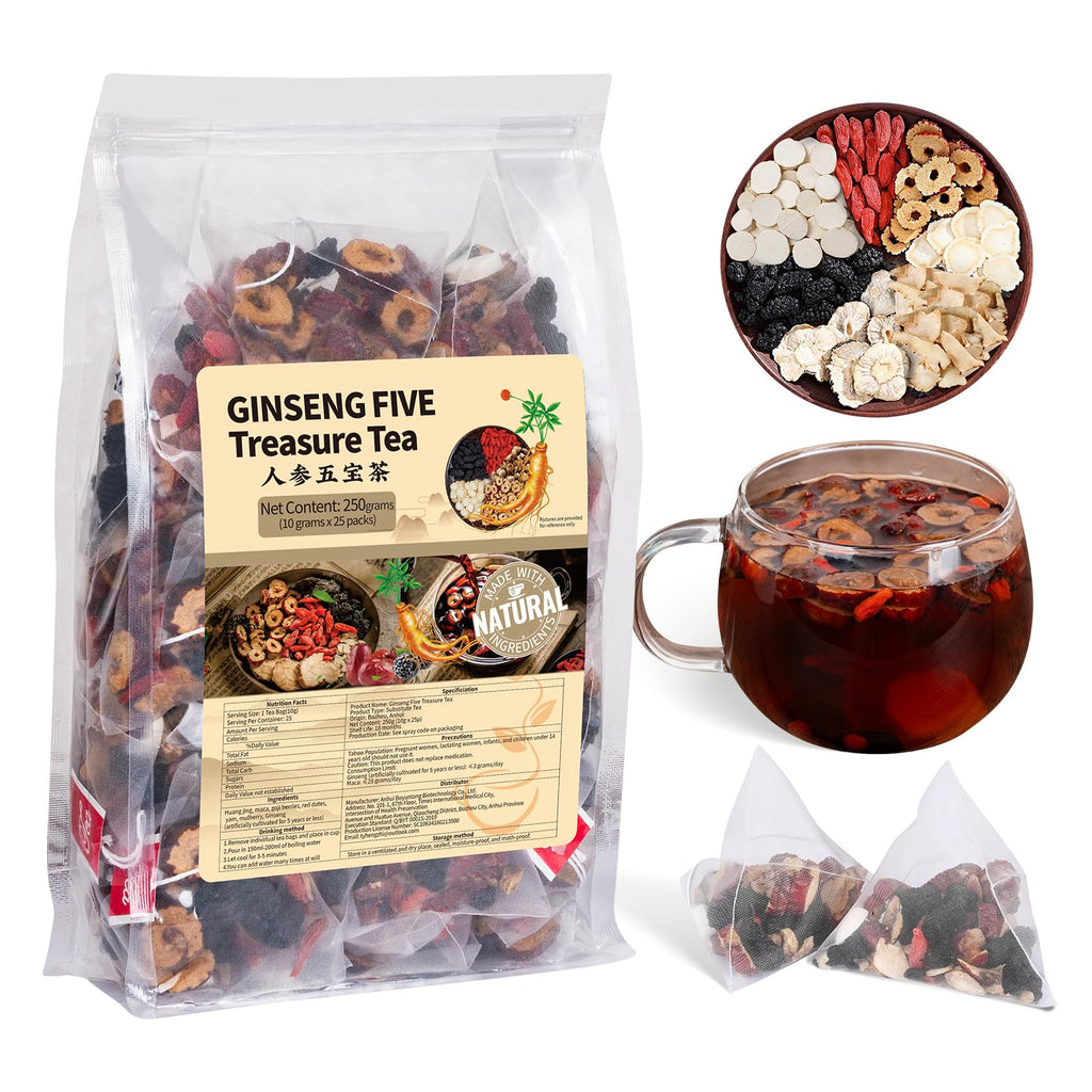 Ginseng Five Treasures Kidney Tea, Traditional Chinese Herbal TeaBags, Natural Kidney Cleanse Detox Tea for Women & Men, 7 Precious Ingredients Formula(1 Pack/25 Bags)