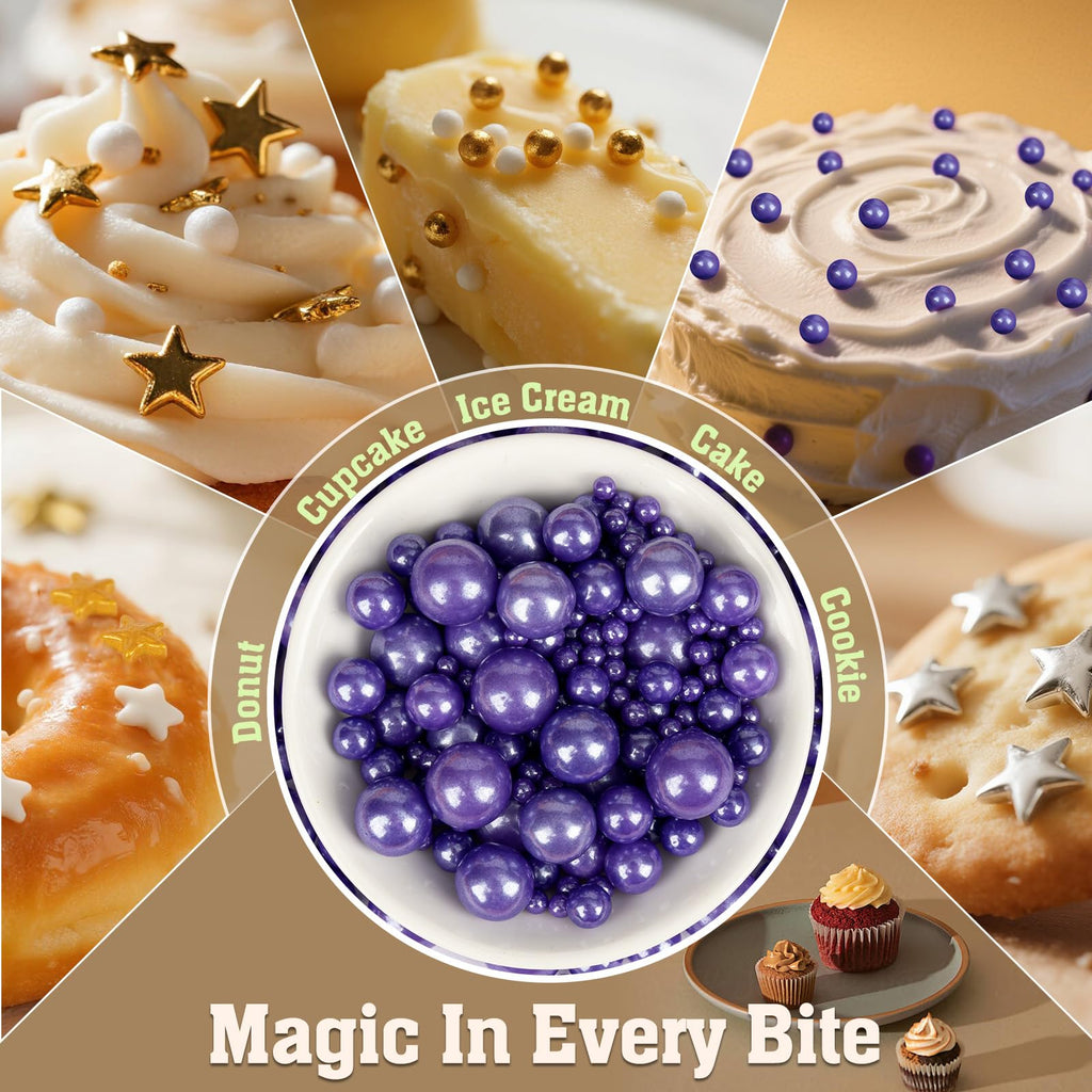 Twisweet Purple Sprinkles, Edible Purple Pearls for Cake Decorating, Sugar Sprinkles for Baking, Mix Size Candy Pearls, Cake Topper Ice Cream Cupcake Cookie Toppings Dessert Decorations, Wedding Birthday Halloween Supplies (130g/4.58oz)