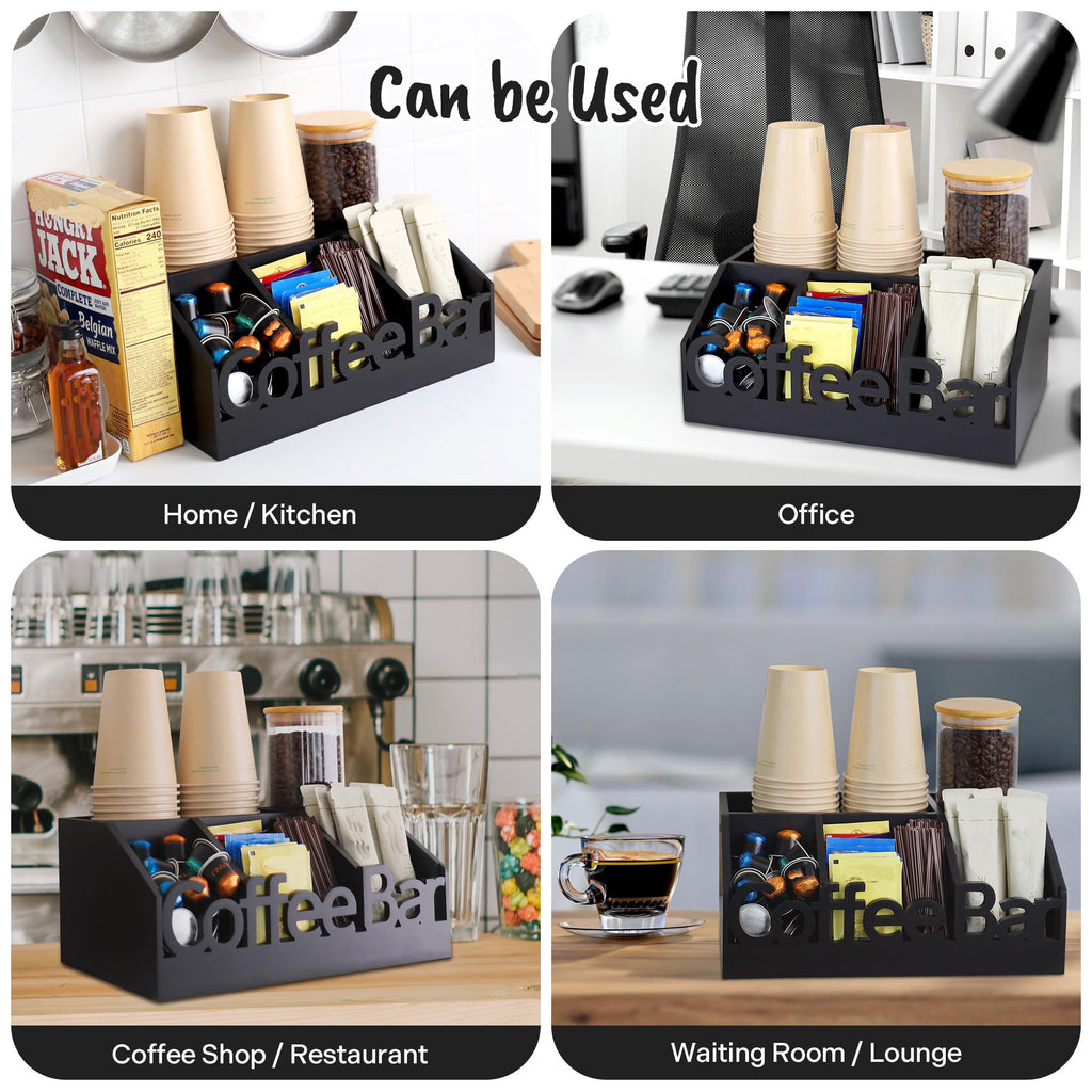 Coffee Bar Organizer Countertop, Wood Tea & Coffee Pod Station Caddy, Black