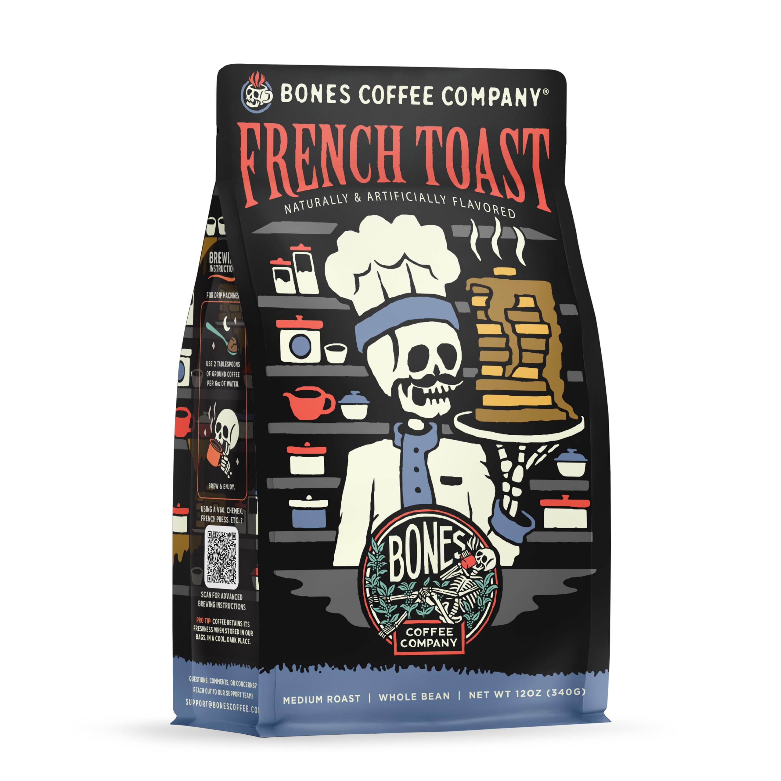 Bones Coffee Company French Toast, Sweet and Buttery Flavored Flavored Coffee, Medium Roast Low Acid Arabica Beans Compatible with Auto drip and French Press Coffee Maker, 12 Oz Whole Bean