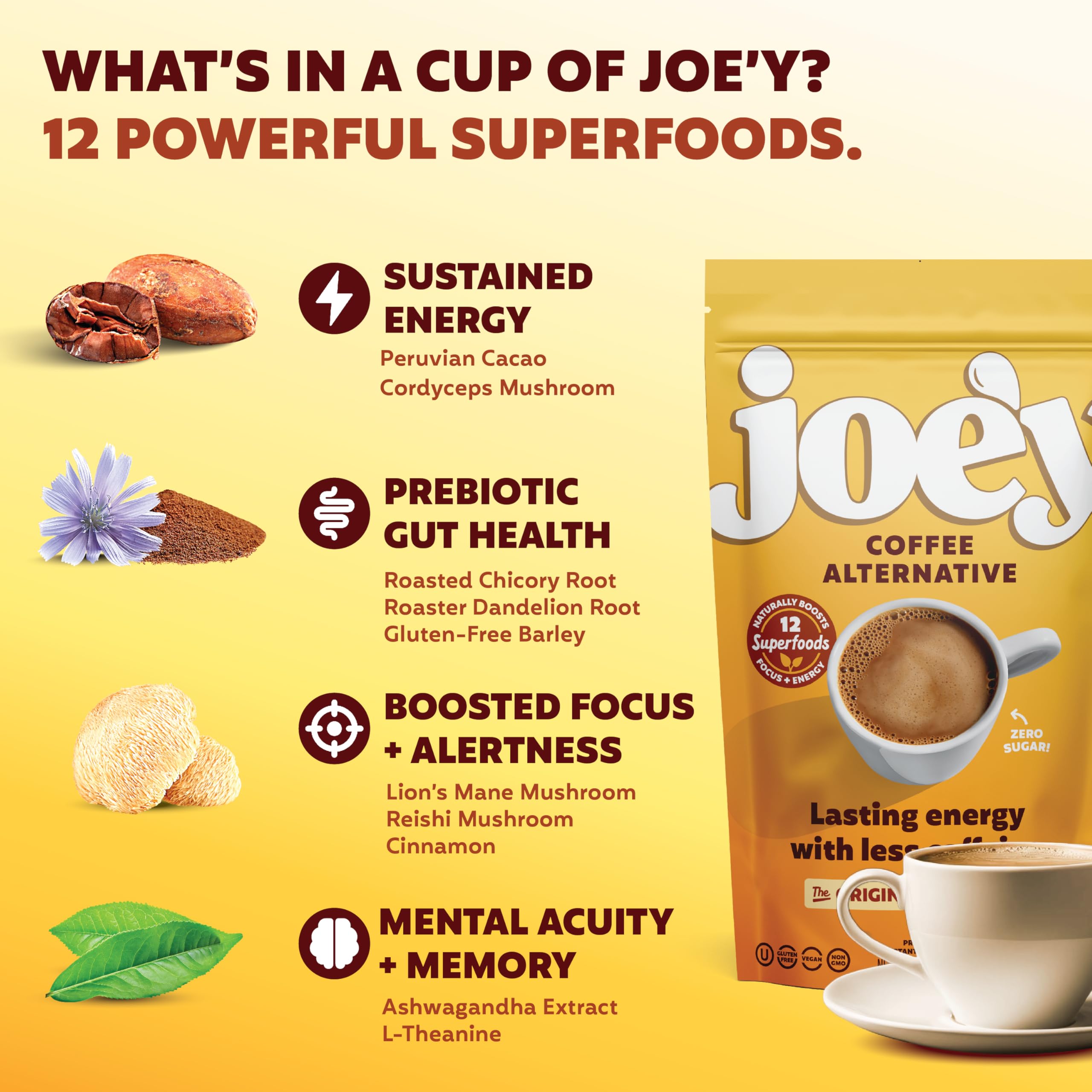 Joey Mushroom Coffee Alternative with Cacao Dandelion Root, and Chicory, Instant Mushroom Coffee Substitute with Superfoods, Vegan Gluten-Free Energy Drink for Focus and Calm, 60 Servings