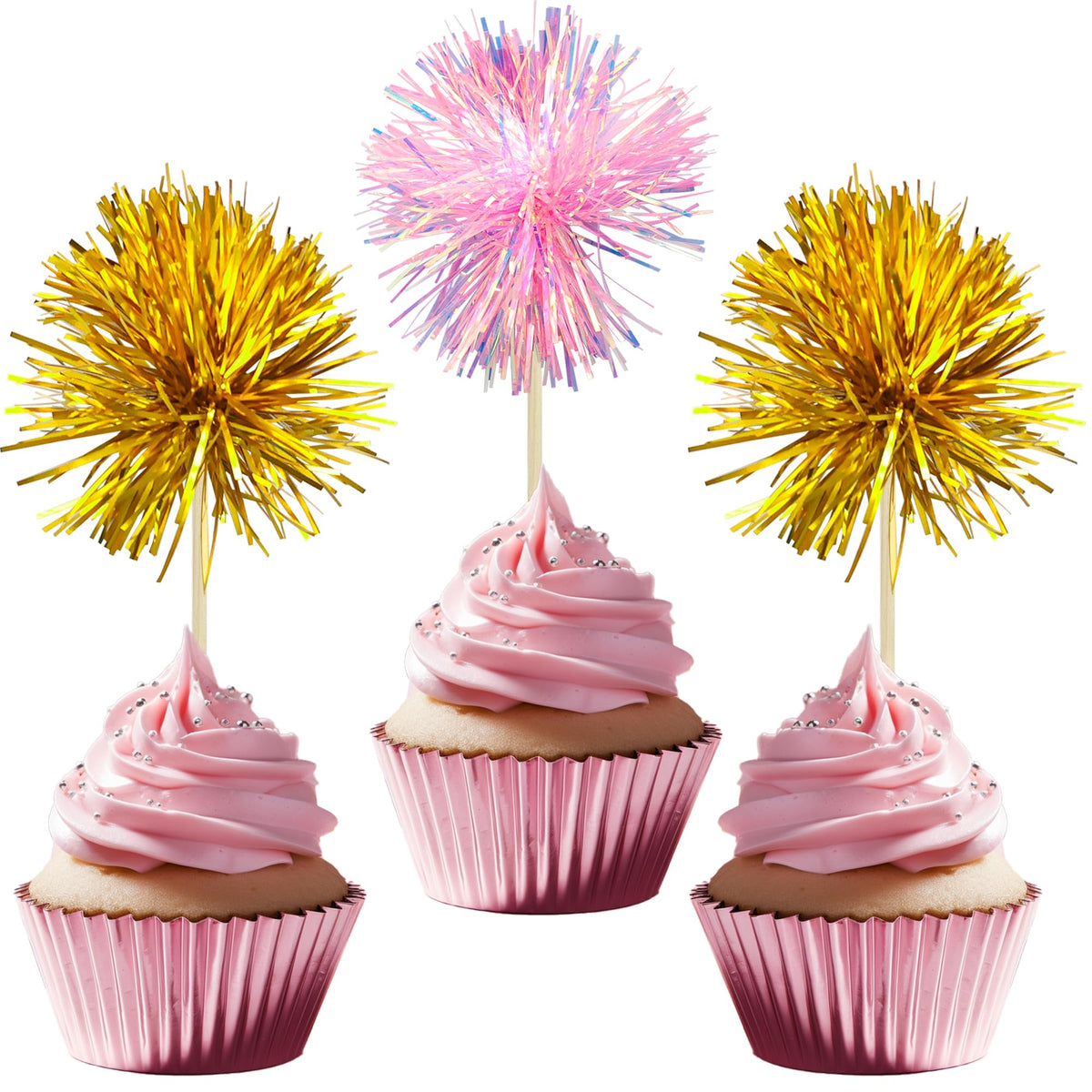 Gyufise 30Pcs Foil Firework Cupcake Toppers Sparkle Tinsel Cake Toppers Tinsel Drink Cake Decoration Cocktail Picks for Birthday Wedding Graduation Party Supplies Dark Blue