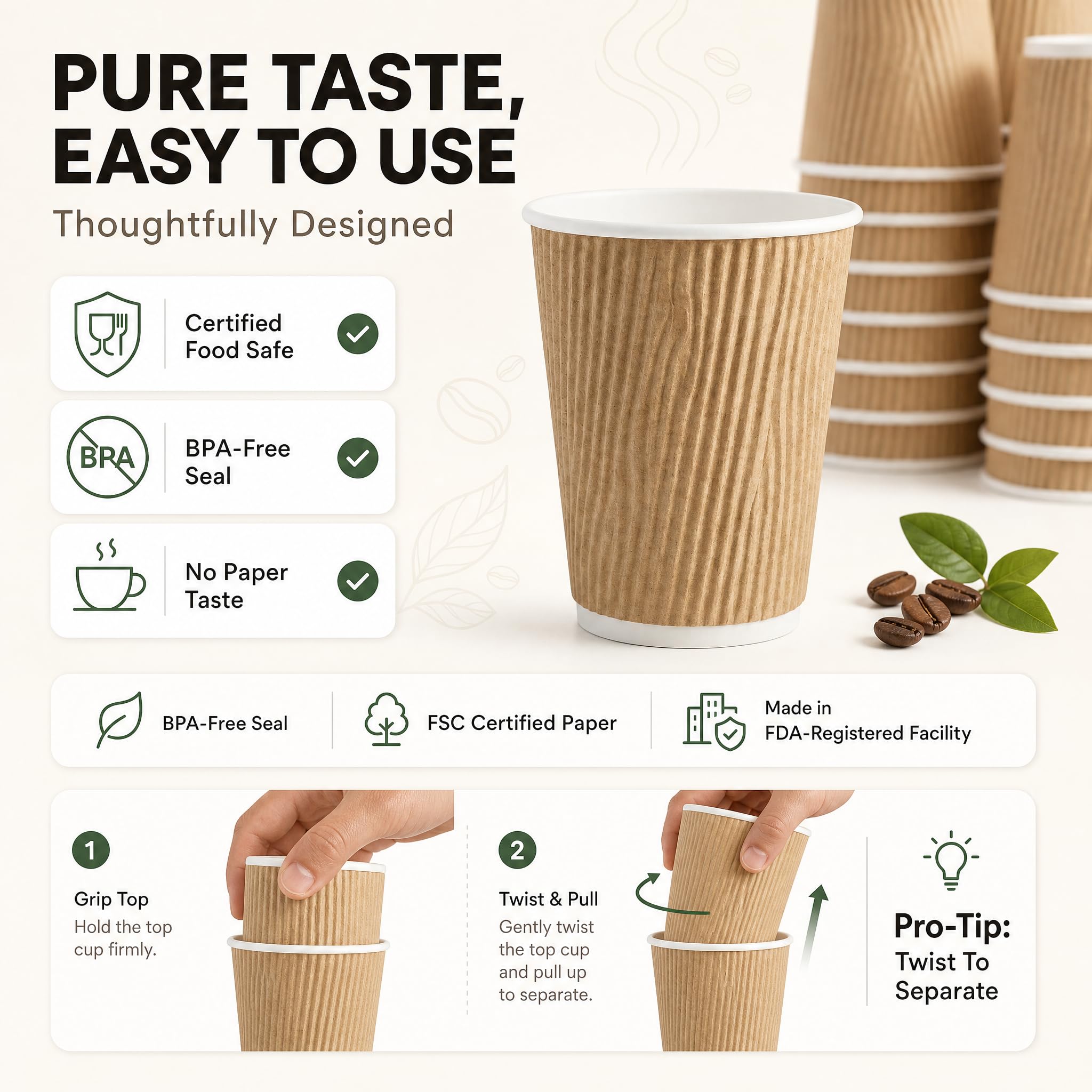 NYHI 150 10 oz Ripple Kraft Paper Cups Brown Hot Cold Cups 3 Layer Rippled Small Insulated Disposable Coffee Cups for Cappuccino Hot Cocoa or Iced Drinks