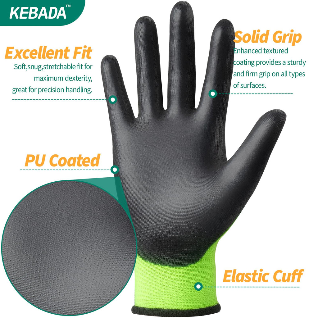 Kebada W1 Safety Work Gloves for Men & Women, 50 Pairs Bulk Pack, PU Coated