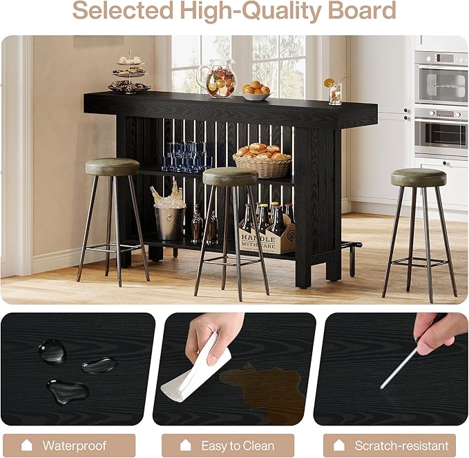 Tribesigns Black Large Home Bar Unit, 2-Tier Mini Bar Table Height Pub Table with Footrest, 63-Inch Modern Coffee Bar Cabinet for Home Kitchen, Bistro, Dining Room, Living Room