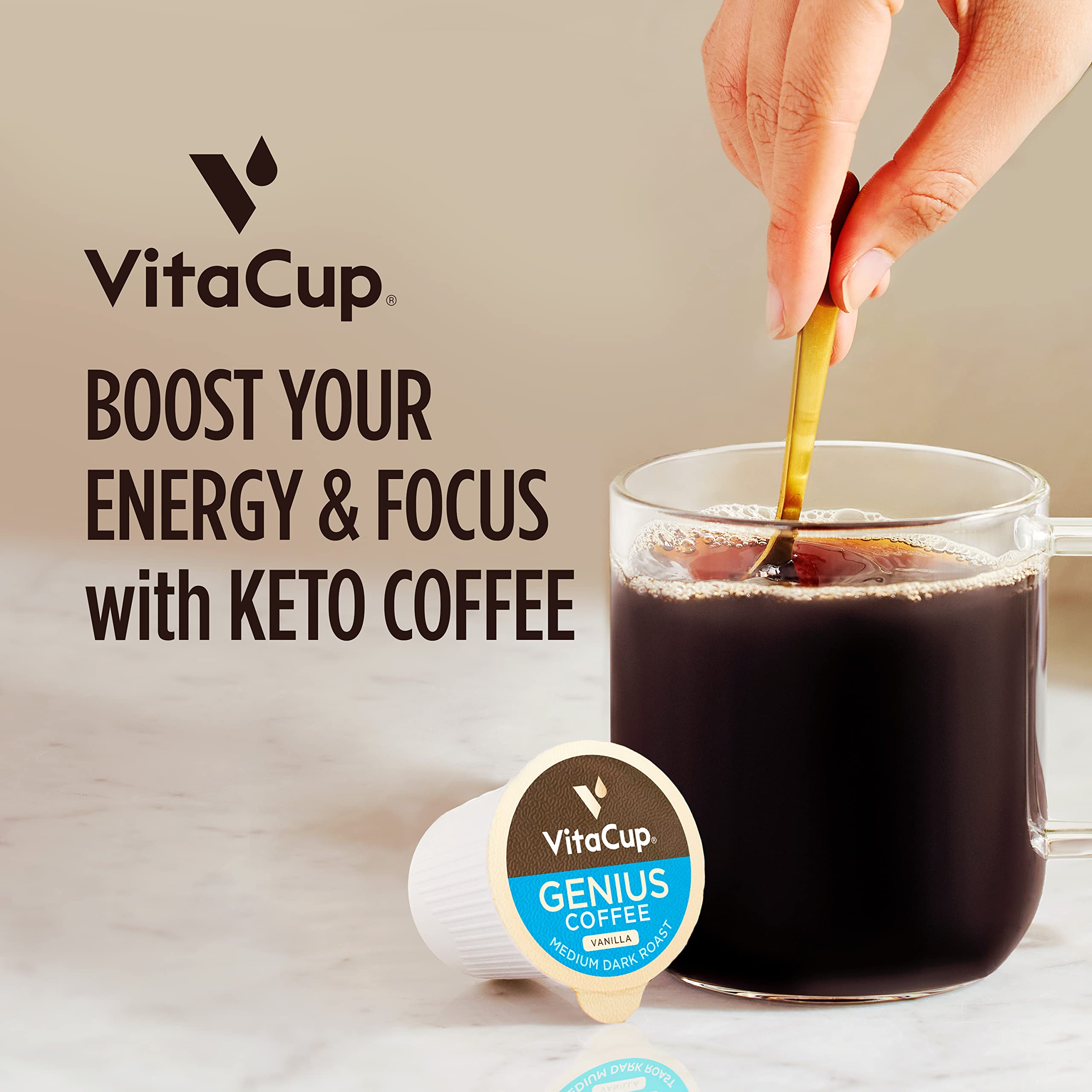 VitaCup Genius Vanilla Keto Medium Roast Coffee Pods, 64ct