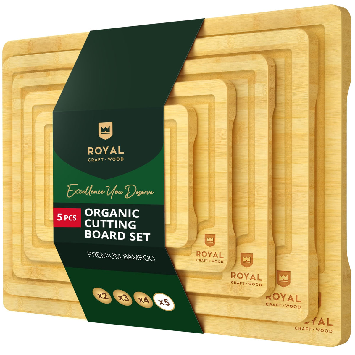 ROYAL CRAFT WOOD Wooden Cutting Boards for Kitchen Meal Prep & Serving - Bamboo Wood Serving Board Set with Deep Juice Groove Side Handles - Charcuterie & Chopping Butcher Block for Meat