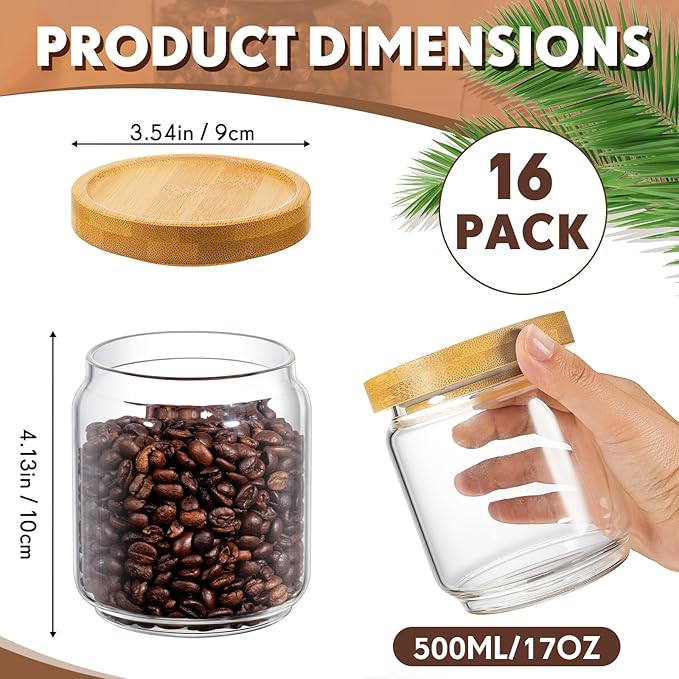 Irenare 16 Pcs 17 oz/ 500 ml Glass Canister Food Airtight Sealed Clear Borosilicate Glass Storage Jars with Lids Kitchen Spice Containers for Serving Coffee Sugar Tea Beans Candy Nuts Pantry (Bamboo)