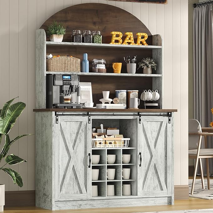 4 EVER WINNER Coffee Bar with 3-Tier Storage, 67" Coffee Bar Cabinet with Sliding Barn Doors & Wine Rack, Kitchen Hutch Cabinet for Living Room, Dining Room, Grey