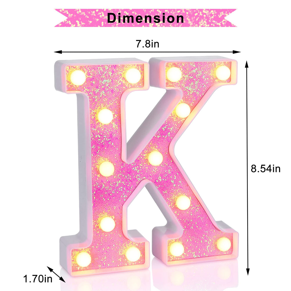 Foaky LED Letter Lights Sign Light Up Pink Letters Glitter Alphabet Letter Sign for Night Light Wedding/Birthday Party Battery Powered Christmas Lamp Girls Gifts Home Bar Decoration（K）