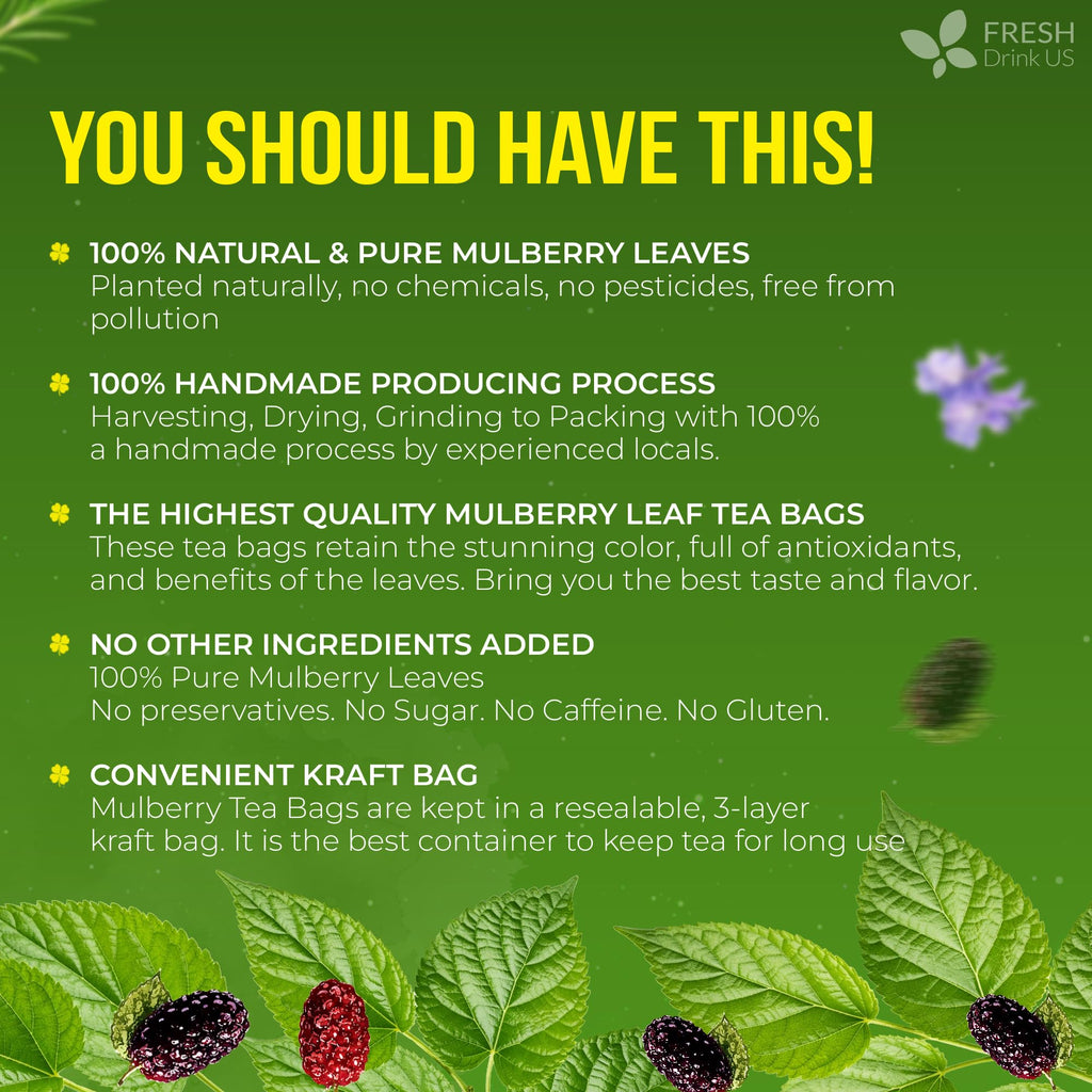 FreshDrinkUS Premium 75 Mulberry Leaf Tea Bags, 100% Natural & Pure. Loose Leaf Herbal Tea. Made with Natural Material Tea Bags. No Sugar, No Caffeine, No Gluten, Vegan