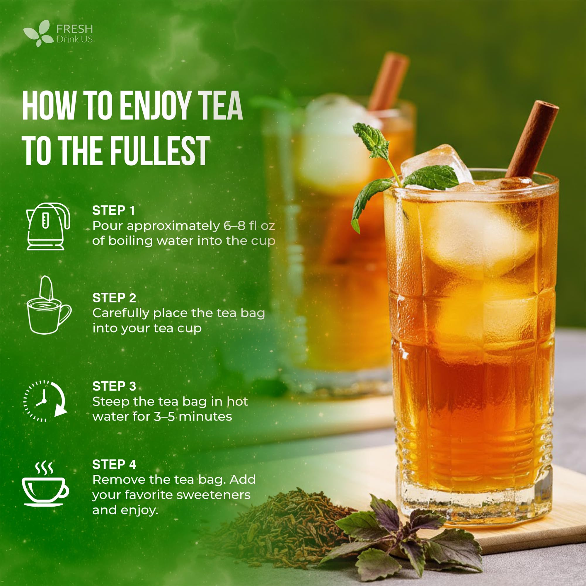 FreshDrinkUS, 30 Tea Bags Herbal Tea – Caffeine-Free Herbal Tea with Rooibos, Turmeric & Hibiscus – Loose Leaf Blend for Daily Rituals and Clean Living – Vegan, No Additives