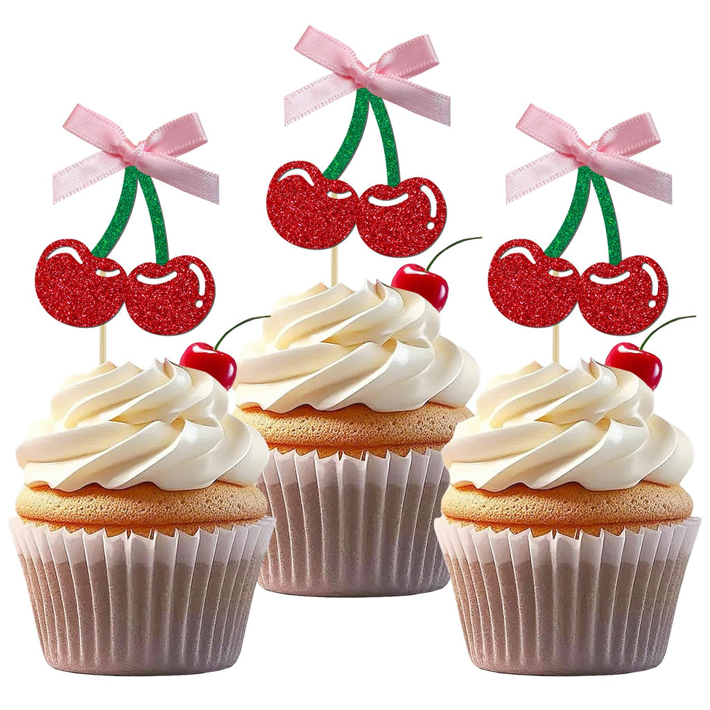 24 Pack Cherry Cupcake Toppers, Glitter Sweet Cherry Cupcake Pick