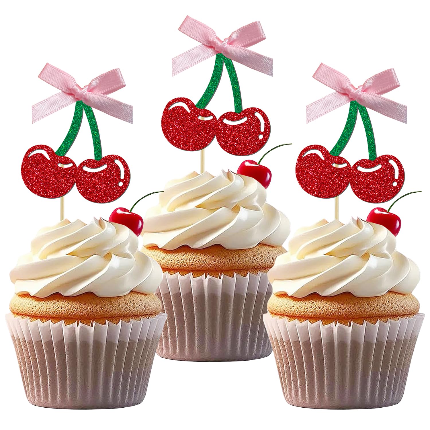 24 Pack Cherry Cupcake Toppers, Glitter Sweet Cherry Cupcake Pick