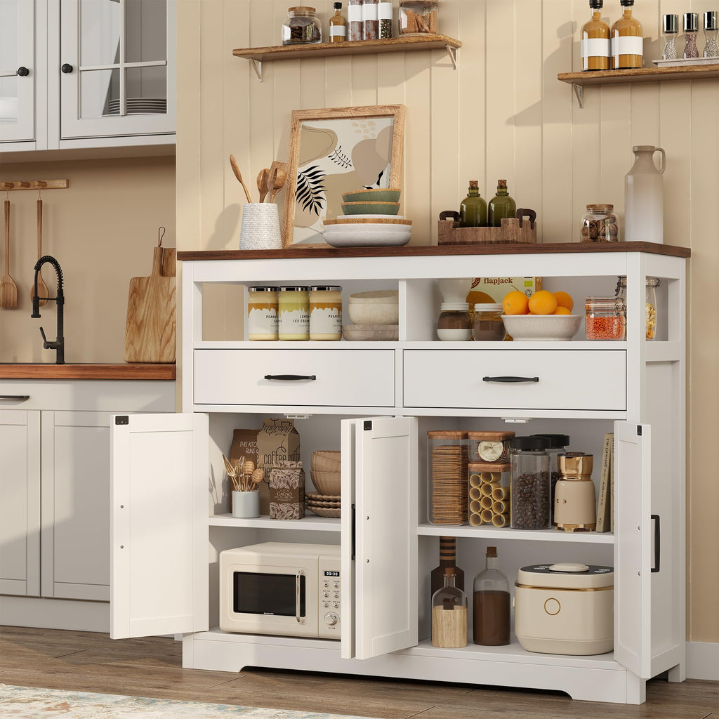 knoworld Buffet Sideboard with Storage Farmhouse with 4 Doors, 47'' Large Kitchen Storage Cabinet Wood Coffee Bar Cabinet Buffet Table with Shelves for Kitchen, Dining Room, Entryway, 47" W White