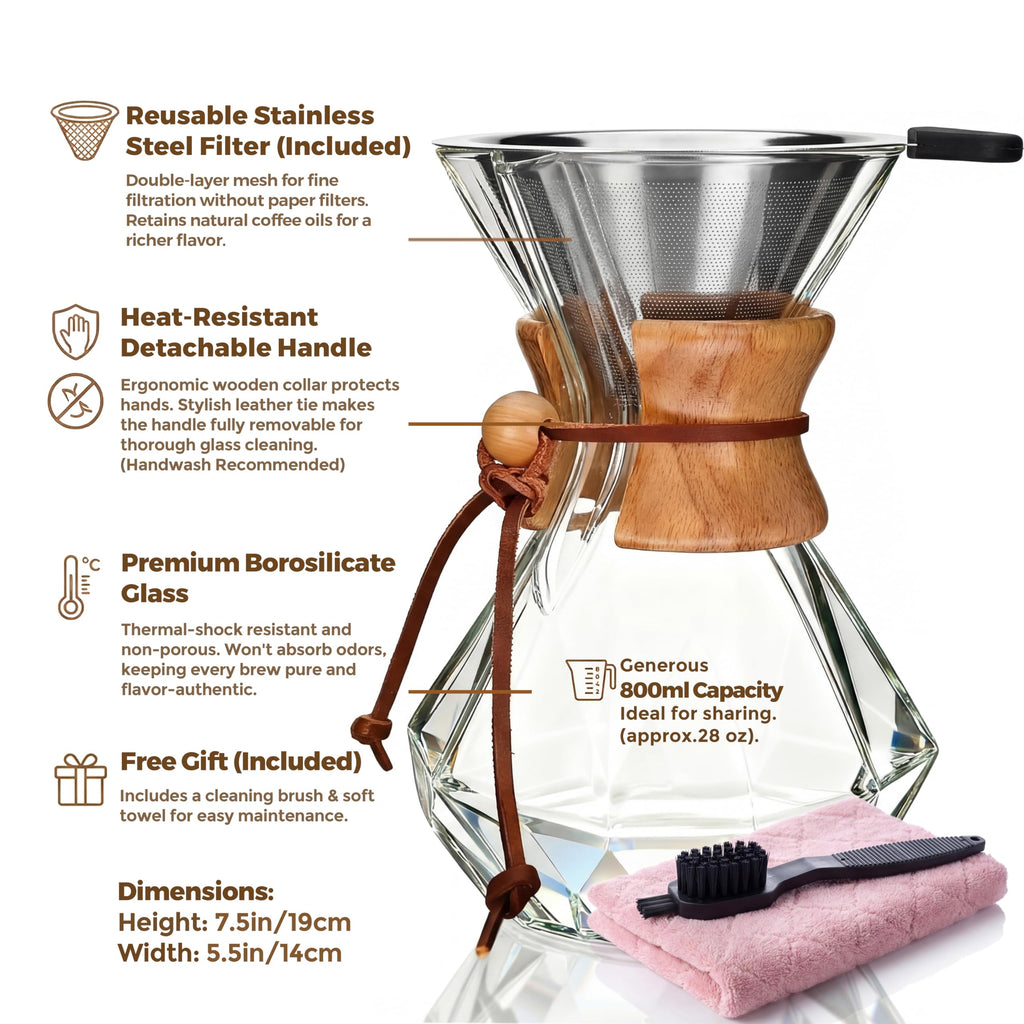 AGOGO Pour Over Coffee Maker Set, 28oz Diamond Style, 304 Stainless Filter