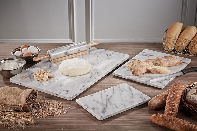 JEmarble Pastry Board 16x20 inch Set with Rolling Pin/Wooden Handles 18 inch(White) Non-Slip Rubber Feets for Stability Perfect for Keep the Dough Cool and Chocolate Tempering(Premium Quality)