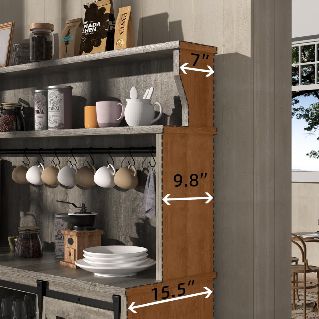 BestHaped 55'' Farmhouse Coffee Bar Cabinet with 3 Tier Storage Hutch, Coffee Bar Station with Sliding Barn Door, Hutch Storage Cabinet with 12 Wine Racks & 9 Hooks for Kitchen Dining Living Room