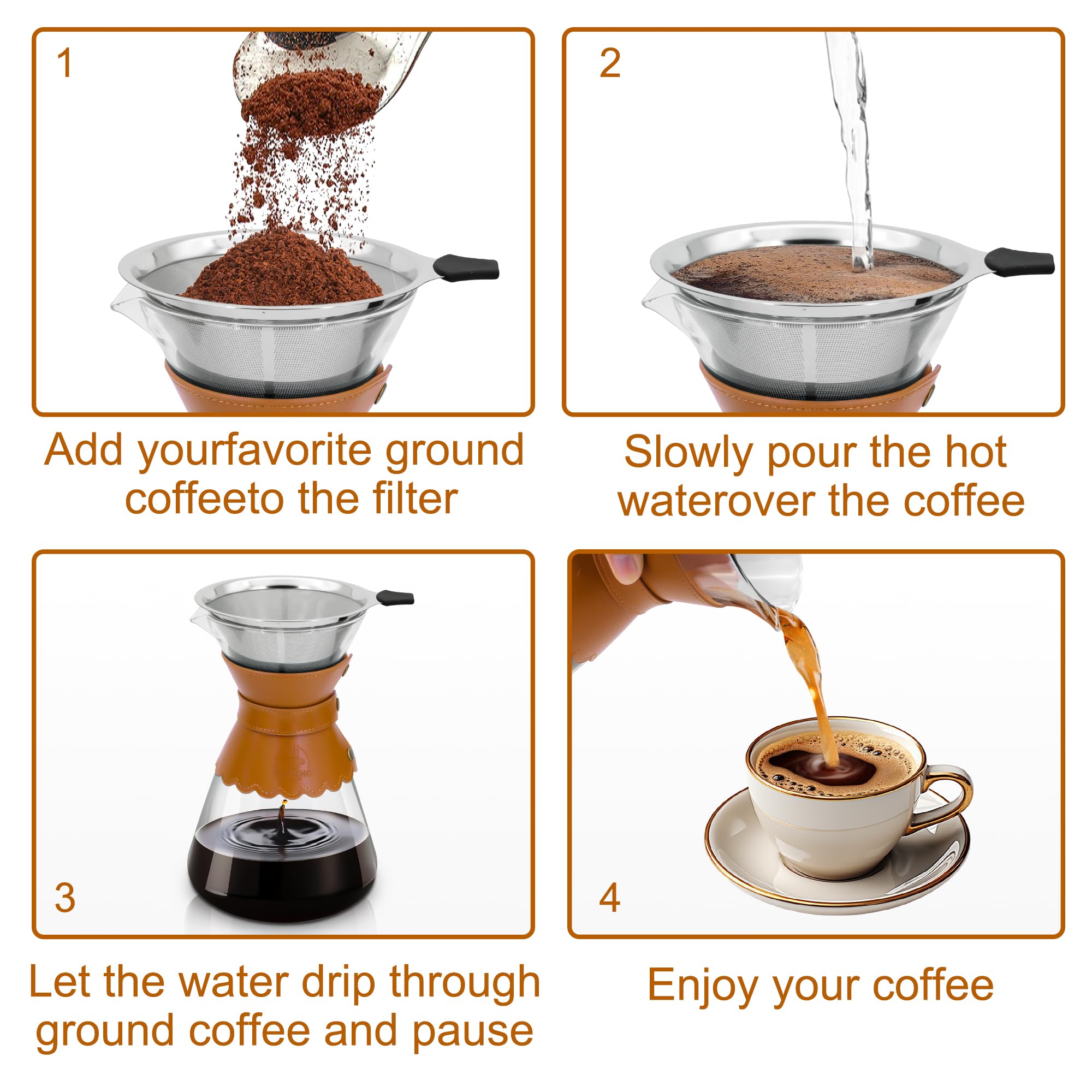YMMIND 34oz Pour Over Coffee Maker with Double Layer Stainless Steel Filter, Borosilicate Glass Dripper, Detachable Heat-Resistant Leather Pad 7-8 Cups Coffee Maker Carafe（Light brown）