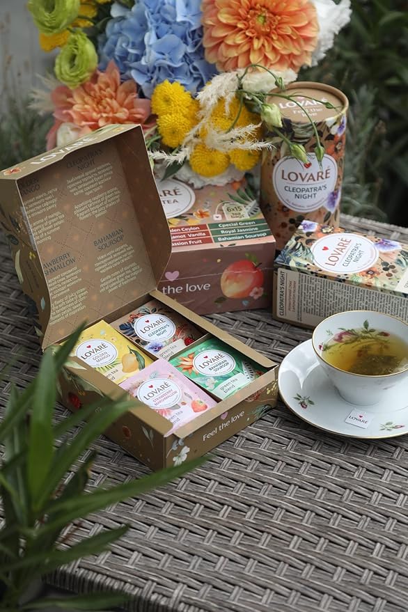 LOVARE Green Assorted Tea Variety Pack 32 Pack - Made in Ukraine - Tea Bags Individually Wrapped 4 Tastes - Golden Mango, Cleopatra’s Night, Strawberry Marshmallow, Bahamian Soursop Assorted Tea Bags