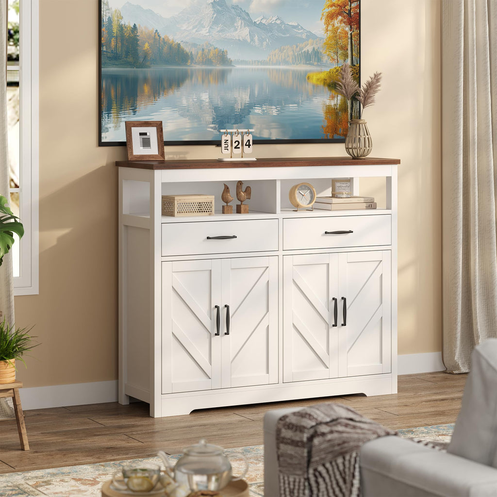 knoworld Buffet Sideboard with Storage Farmhouse with 4 Doors, 47'' Large Kitchen Storage Cabinet Wood Coffee Bar Cabinet Buffet Table with Shelves for Kitchen, Dining Room, Entryway, 47" W White