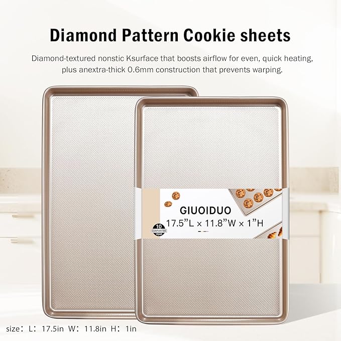 Baking Sheet Pan Set of 2, Cookie Sheets for Oven, Nonstick Half/Quarter/Jelly Roll Pans with Diamond Texture Pattern, 0.8mm Thick Heavy Duty Cookie Tray, Champagne Gold（17.5 * 11.8 * 1inch）