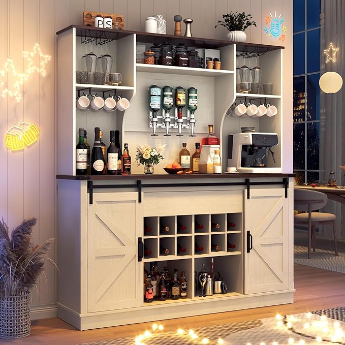 Farmhouse Coffee Bar Cabinet with Charging Station & Sliding Barn Doors - 63" W x 71" H Large Wine Rack, Built-in Liquor Dispenser, Glass/Mug Holders for Kitchen, Living Room, Hallway
