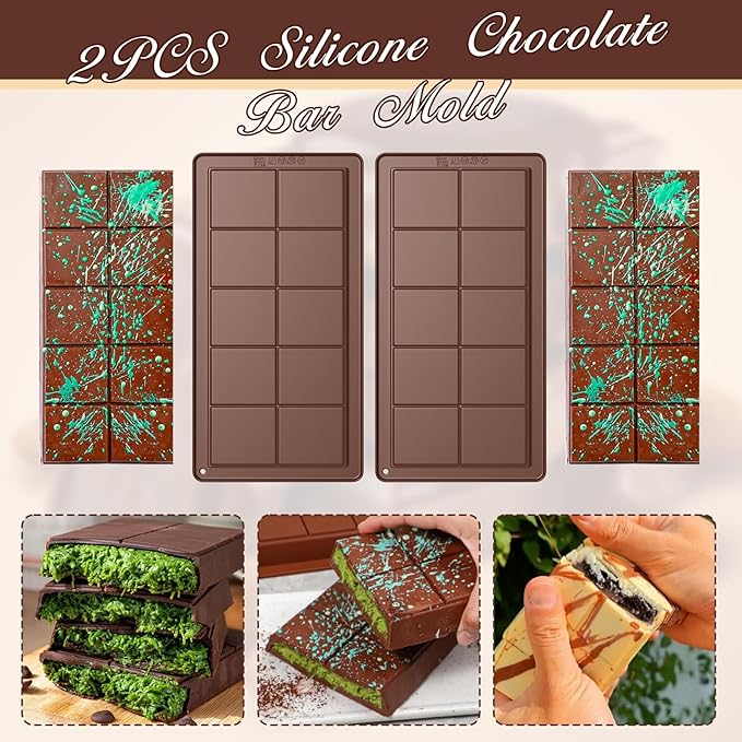 Chocolate Bar Mold 2 Pack, Non-Stick Deep Dubai Chocolate Bar Molds, Silicone, Rectangular Prism, Chocolate Color