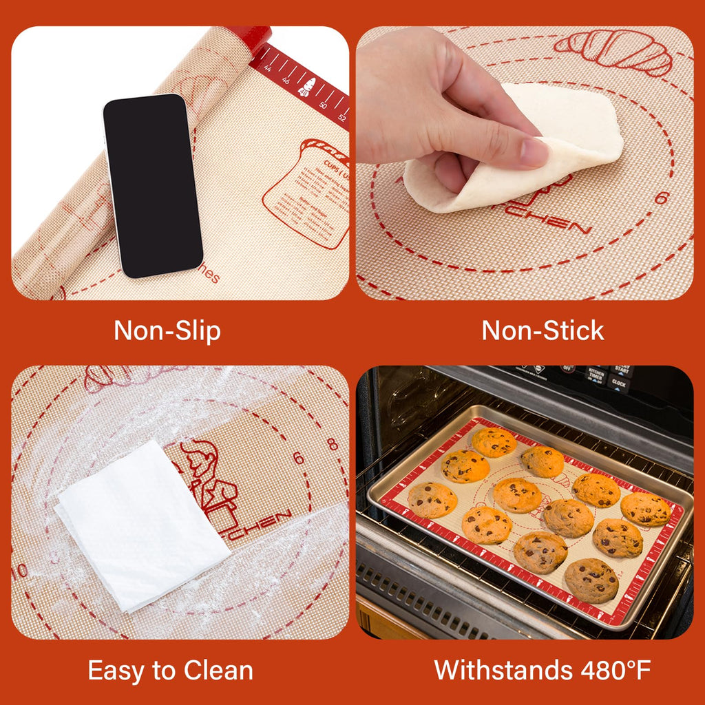 Non-Slip Silicone Baking Mat - 32x24 inch Extra Thick Pastry Mat with Measurements for Sourdough, Macarons, Bread, Pizza, Dough Rolling, Kneading, Oven Mat Heat Resistant to 480°F for Baker