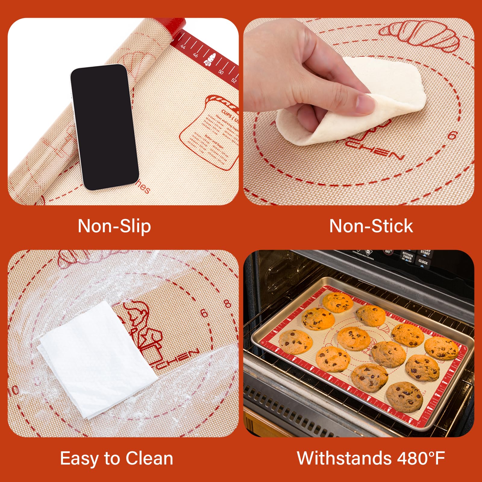 Non-Slip Silicone Baking Mat - 20x28 inch Extra Thick Pastry Mat with Measurements for Sourdough, Macarons, Bread, Pizza, Dough Rolling, Kneading, Oven Mat Heat Resistant to 480°F for Baker