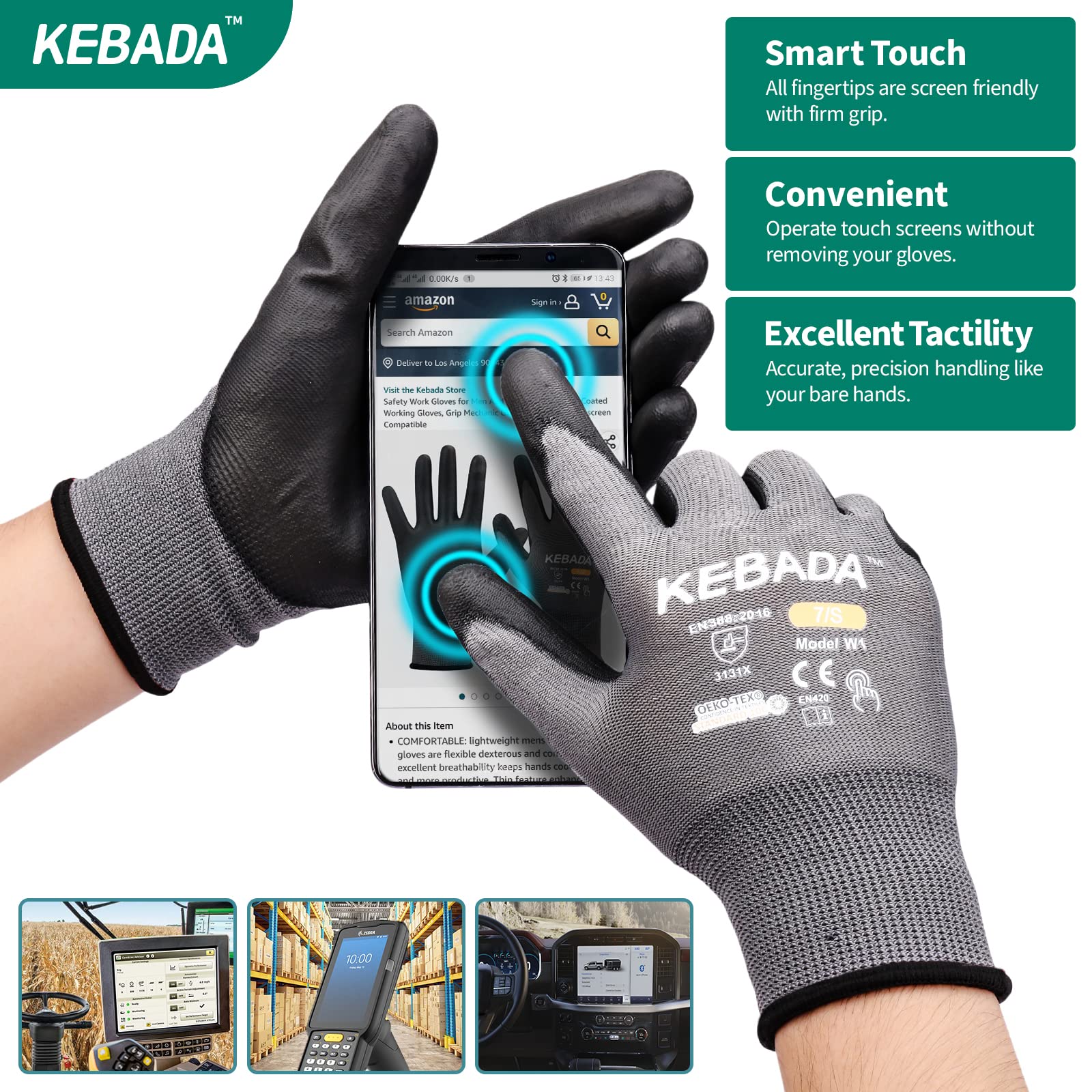 Kebada W1 Safety Work Gloves for Men & Women, 50 Pairs Bulk Pack, PU Coated