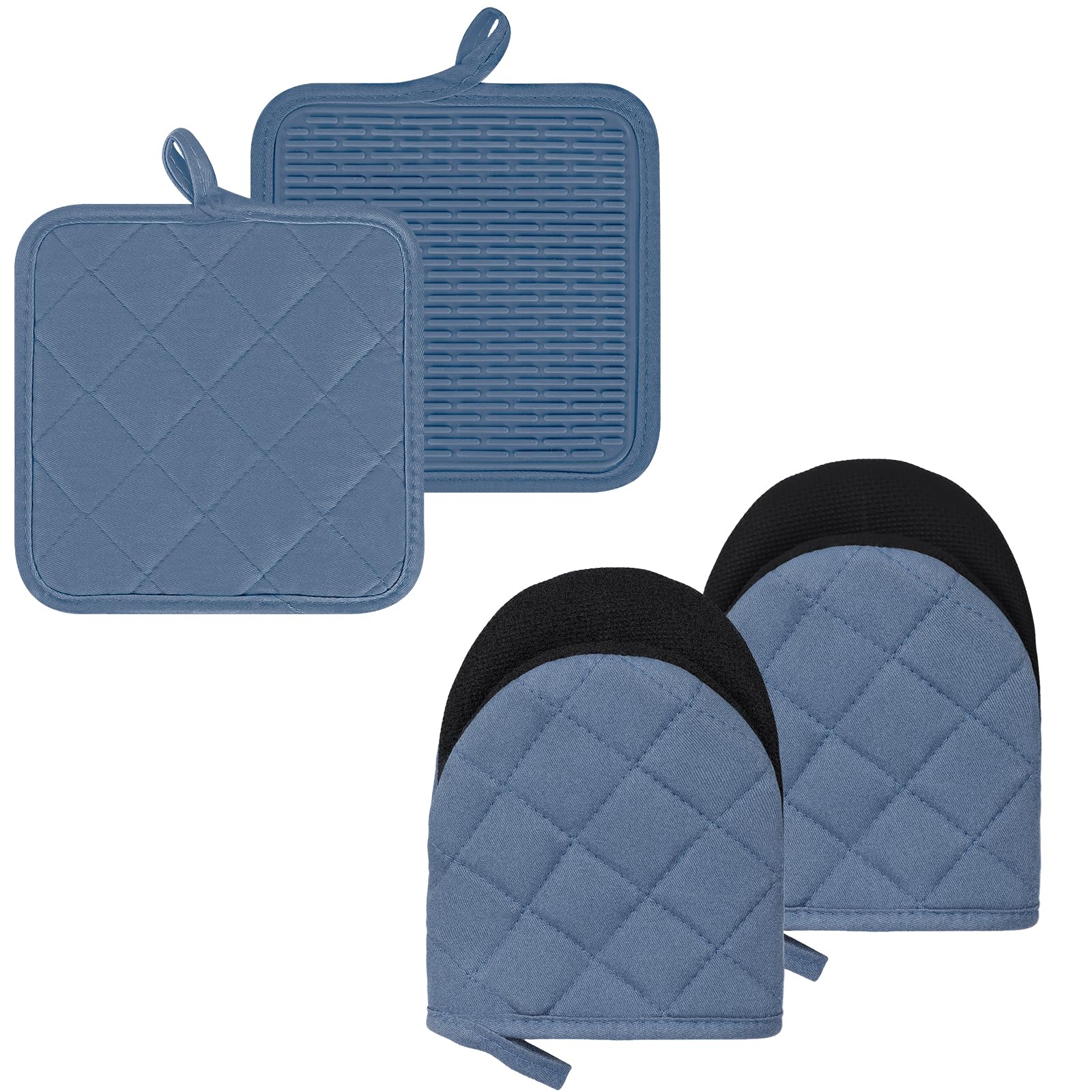 Oven Mitts and Pot Holders Set, Pack of 4, Heat Resistant Silicone Kitchen Mini Oven Mittens for 500 Degrees, Mini Oven Gloves and Hot Pads for Baking Grilling Barbecue Microwave Machine Washable