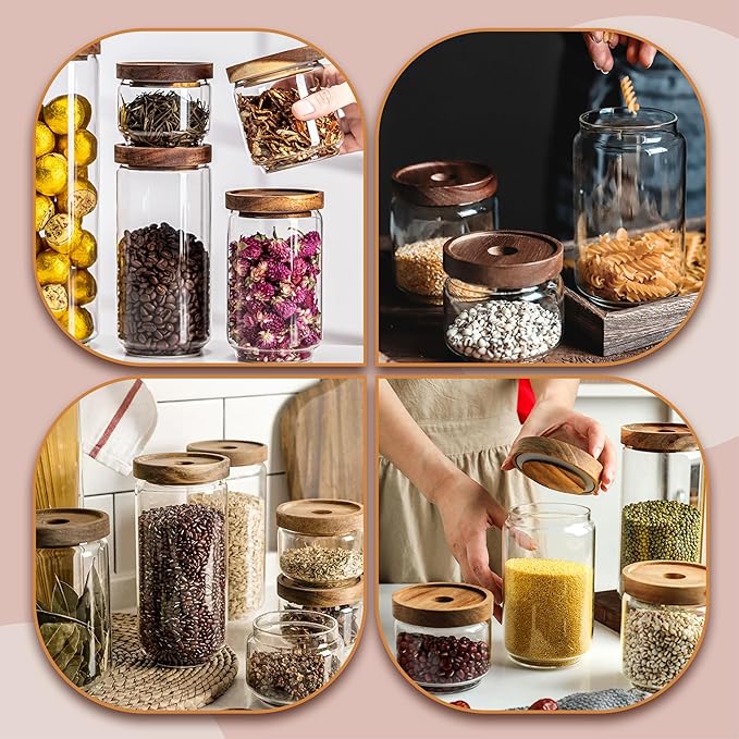960ML/32Oz Clear Cute Glass Storage Canister Holder with Stackable Airtight Wood Lid, Modern Decorative Container Jar for Coffee, Spice, Candy, Salt, Cookie, Condiment, Pepper, Sugar
