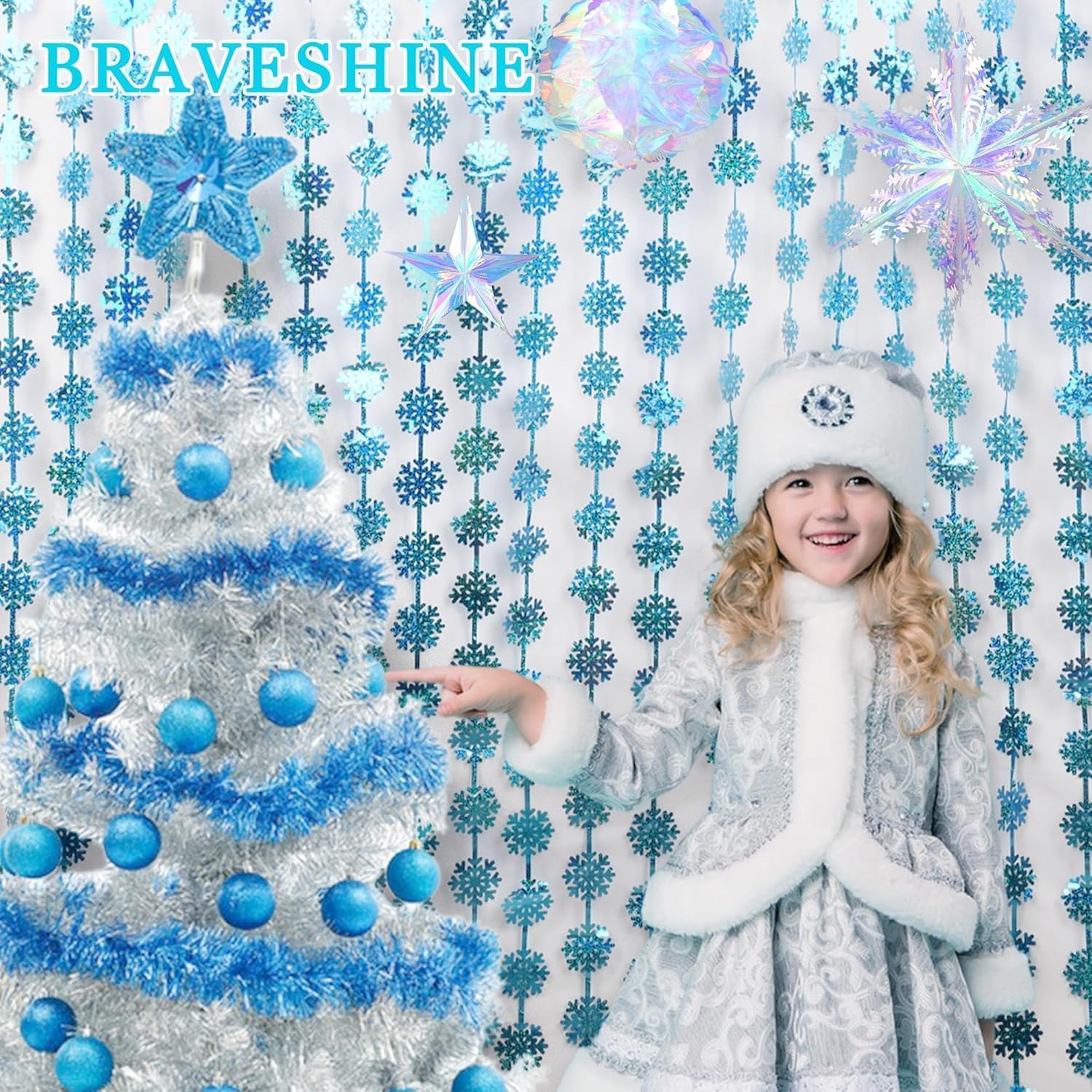 BRAVESHINE Blue Hanging Foil Fringe Snow Flakes Party Snowflake Backdrop