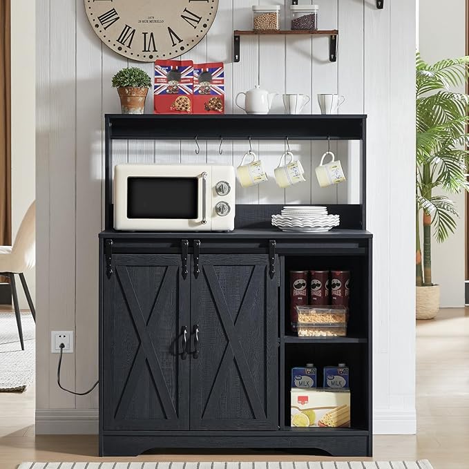 Wnutrees Farmhouse Coffee Bar Cabinet with Charging Station and USB Ports, Sliding Barn Door, 39" Kitchen Hutch Sideboard Buffet Storage Cabinet, Fits Kitchen Dining Living Room, Black
